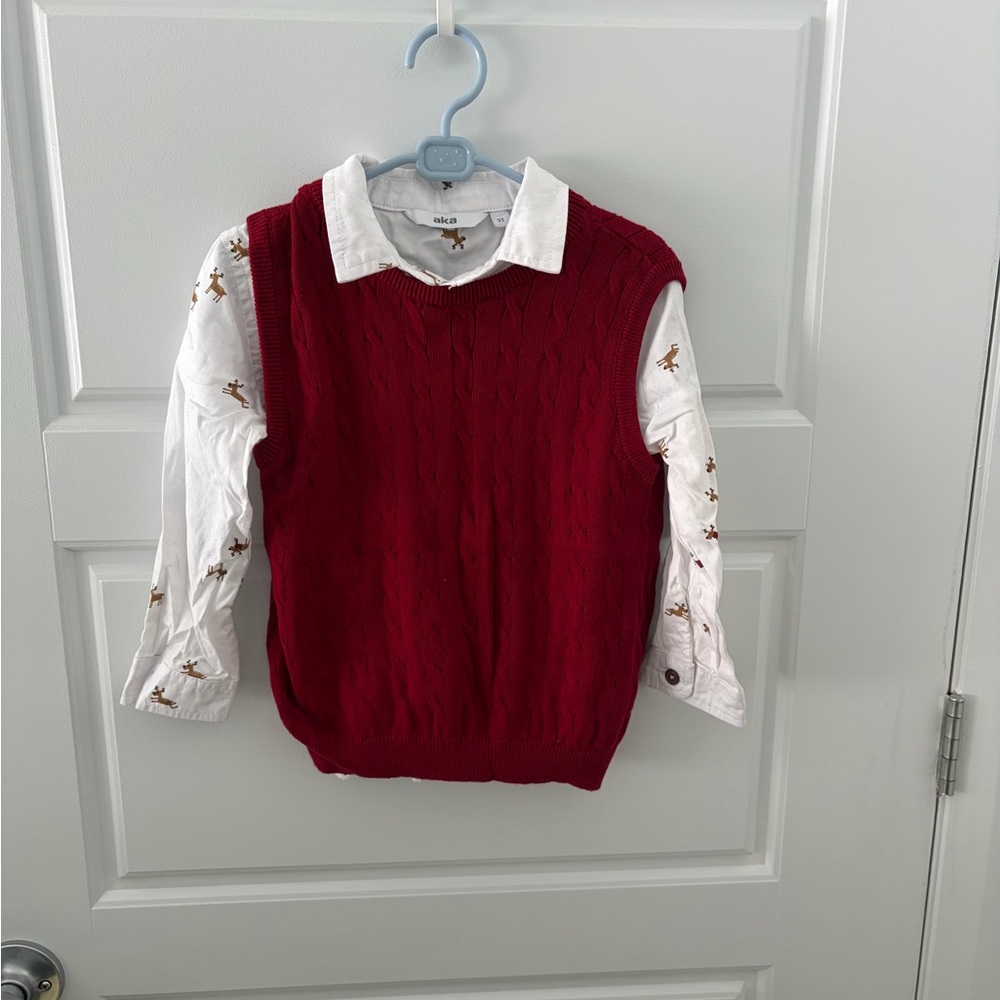 Classic Red Knit Vest with White Embroidered Shirt